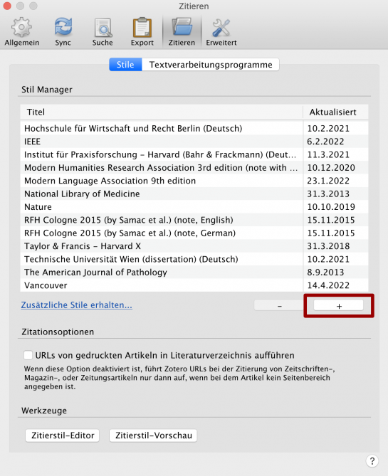 Liste der Ausgabestile in den Zotero-Einstellungen